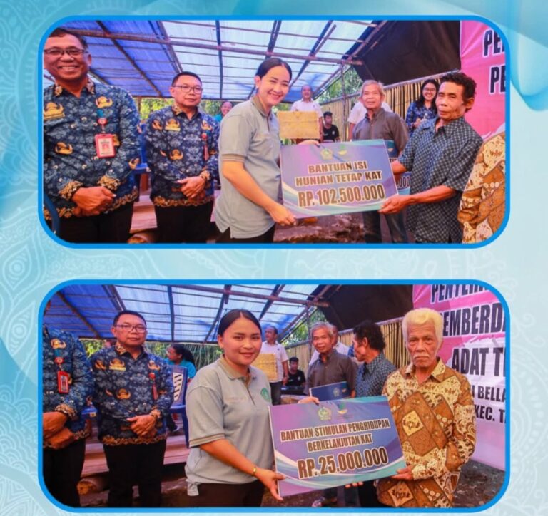 Ketua dan Sekretaris TP-PKK Sangihe Serahkan Bantuan Sosial Pemberdayaan Komunitas Adat Terpencil di Kampung Malamenggu