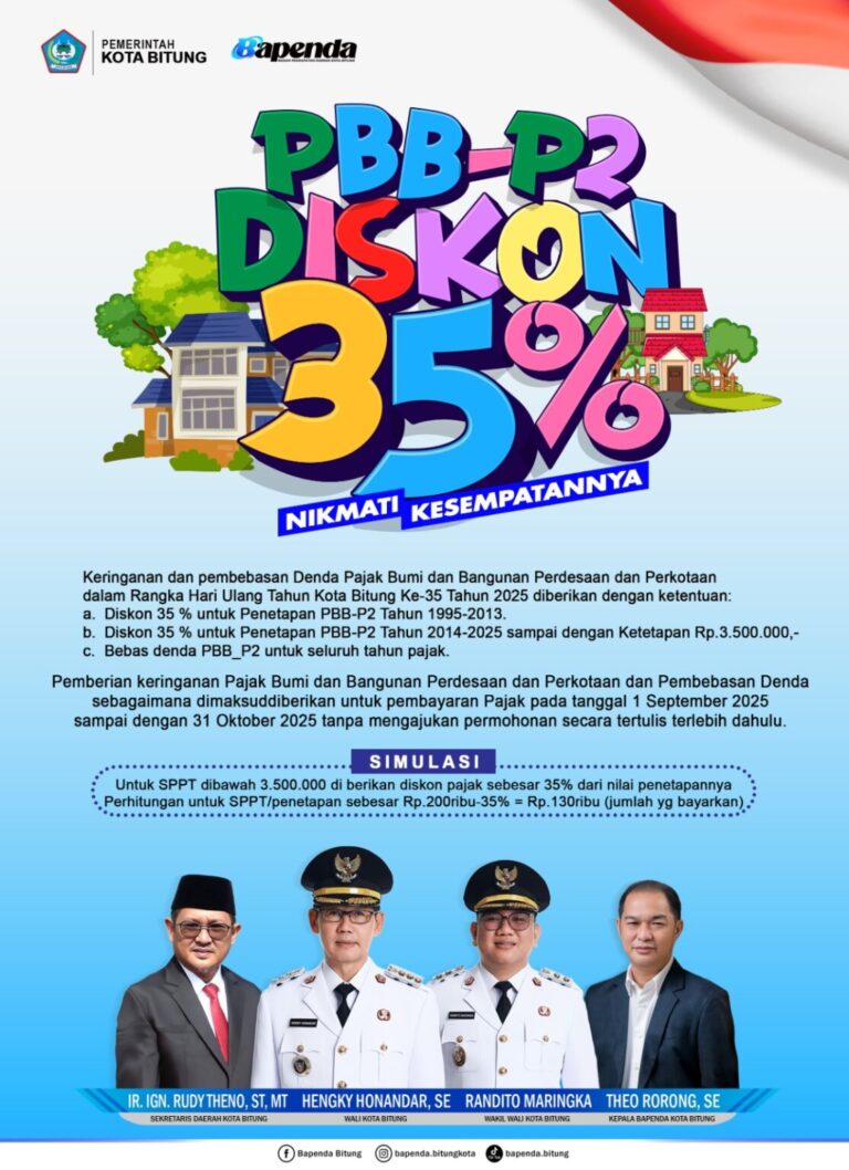 Kabar Gembira, Pemkot Bitung Berikan Diskon 35 Persen dan Bebas Denda PBB-P2 hingga 31 Oktober 2025